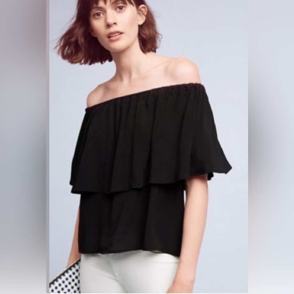 HOLDING HORSES MAYA Black Off-Shoulder Rayon Flounced Top (XS)